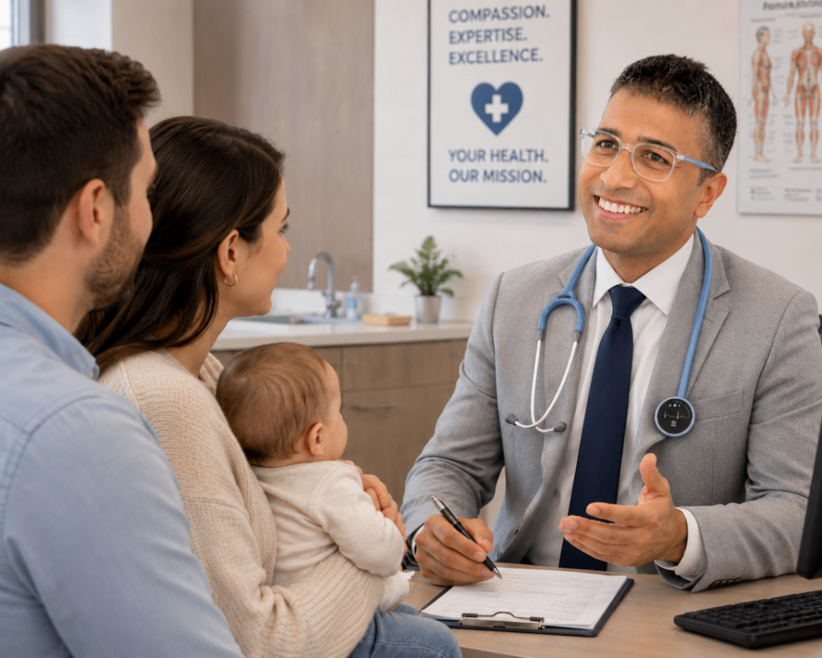 Dr Mugilan Anandarajan, Consultant Paediatrician Belfast, consulting with a family